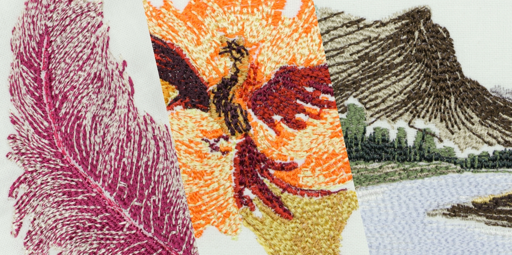 Photos of embroidery patterns generated using our method stitched on ivory cloth. See our paper for examples!